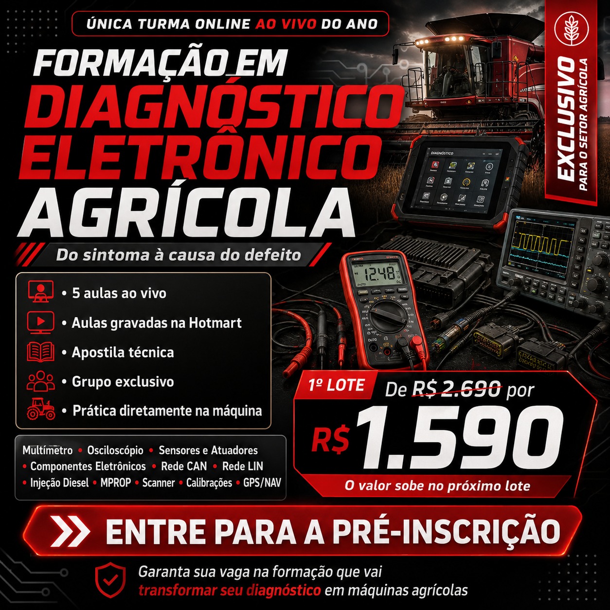 Flyer promocional da Formação em Diagnóstico Elétrico e Eletrônico Agrícola