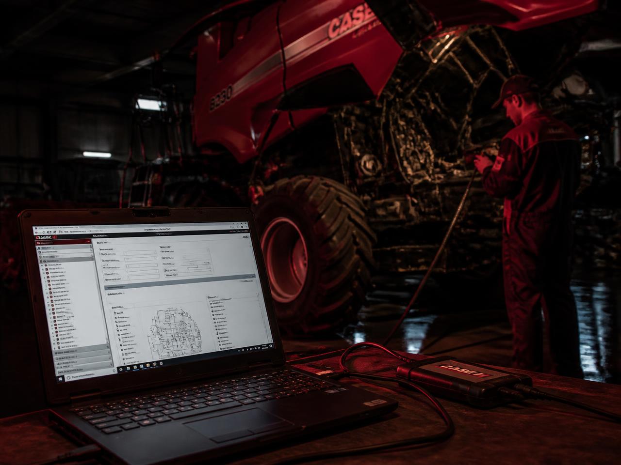 Notebook com scanner conectado a uma máquina agrícola