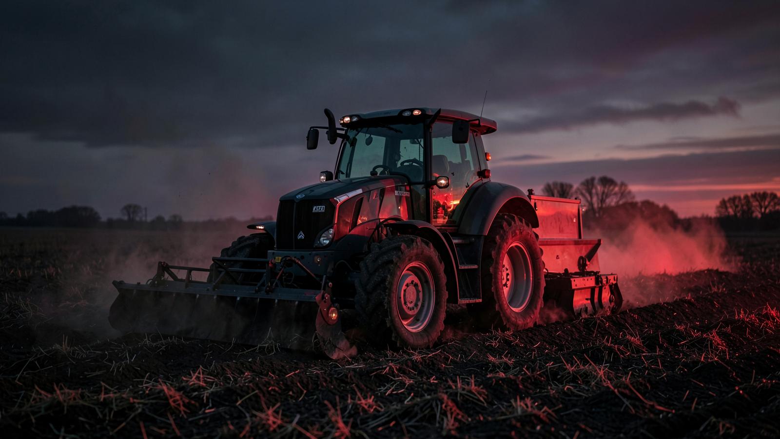 Trator agrícola trabalhando no campo ao entardecer